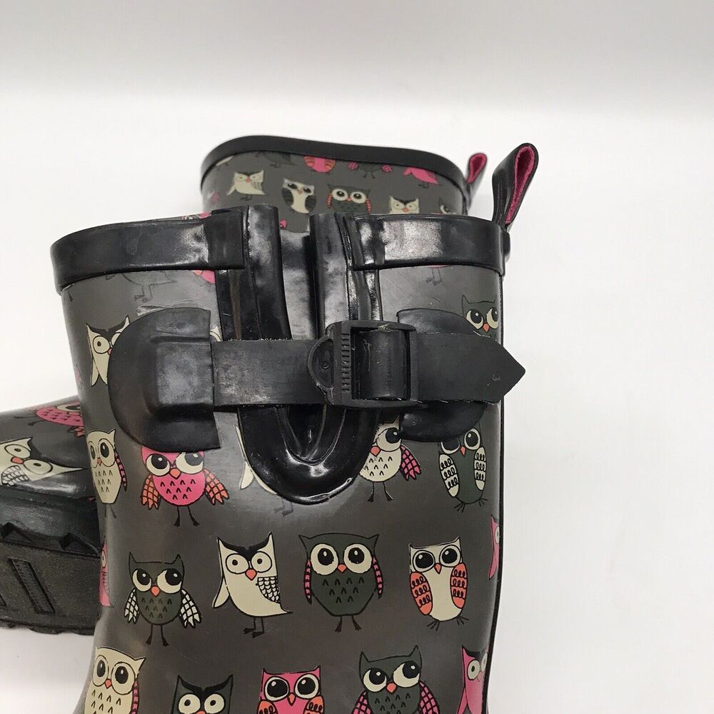 Capelli New York Shiny Pop Owl Printed Rain Boots Kid's 2 Gray Black Rain Gear - Picture 9 of 10